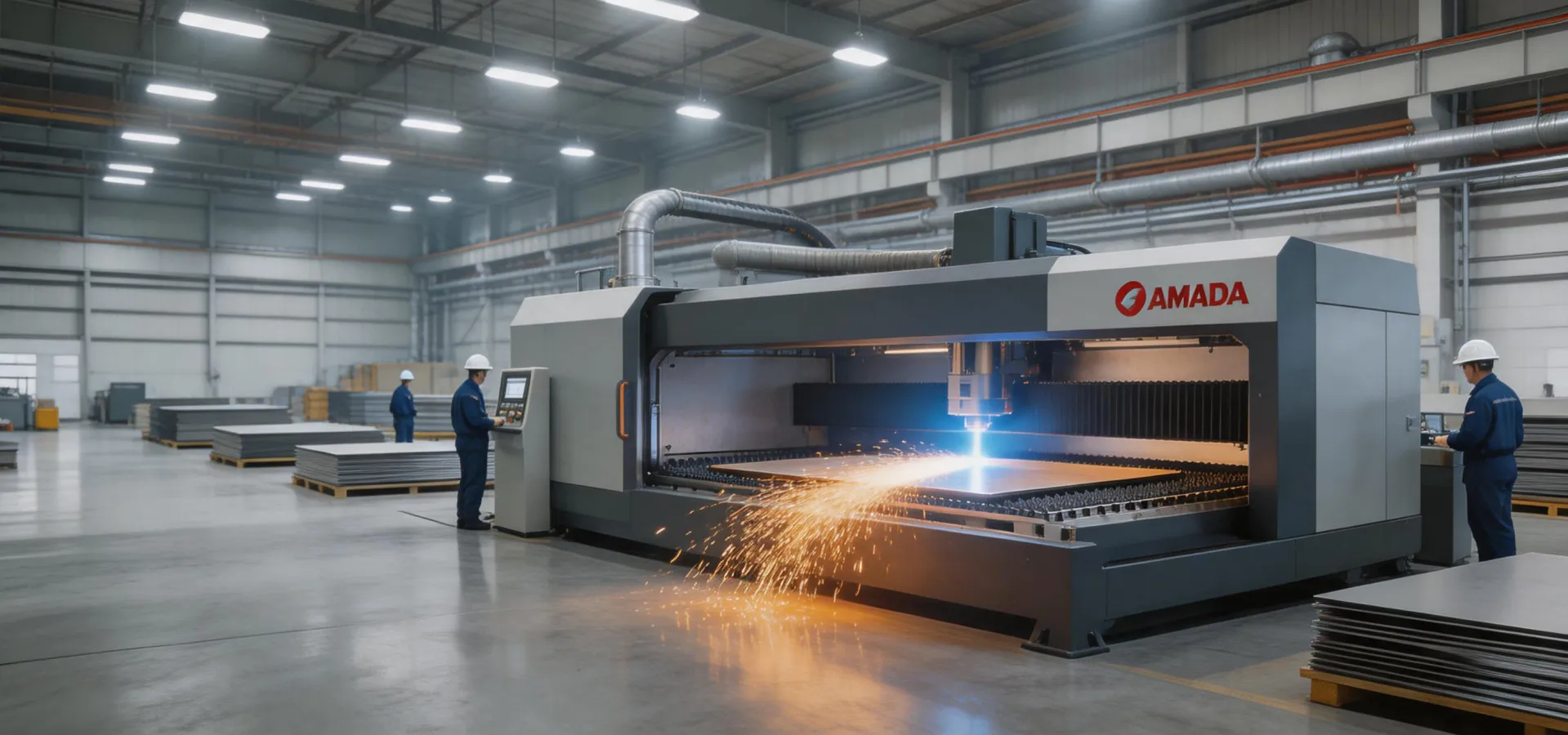 Fiber laser cutting sheet metal in an AMADA factory floor